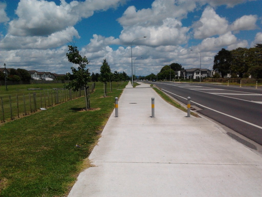 Bollards protecting the shared path as it goes into dedicated cycle and foot paths