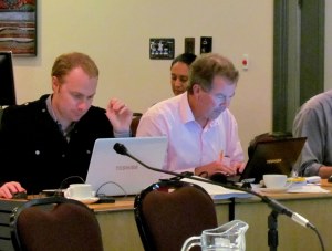 Myself and Radio NZ's Todd Nial hard at work reporting on the Budget Committee Photo Reference: Councillor Cathy Casey