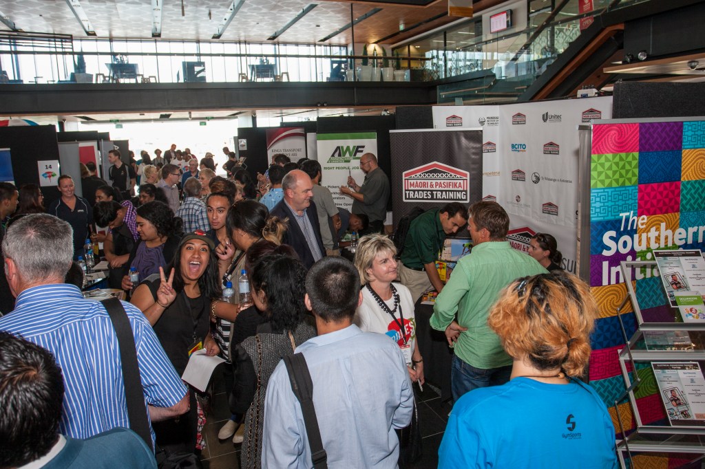  Minister of Business, Innovation and Employment Steven Joyce and Mayor Len Brown joined the throng of unemployed young people from across Auckland who attended JobFest15 to find work. Source: Auckland Council