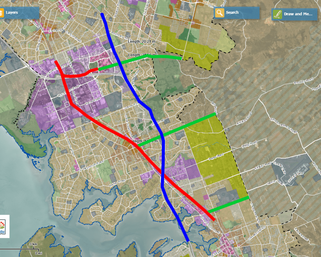 Mill Road Alternatives by Bryce Pearce Blue = Southern Motorway Green = Rapid Bus Links to a Rail Line Red = Southern and Manukau Lines