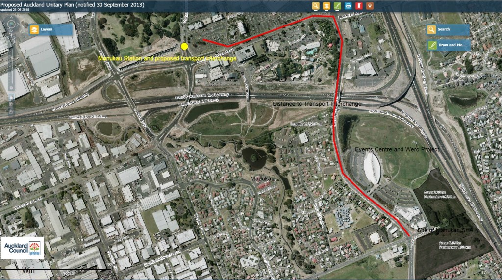 Manukau SHA site and in comparison to where it is and the distance to the Manukau Rail Station and proposed bus interchange (1.7km approx)