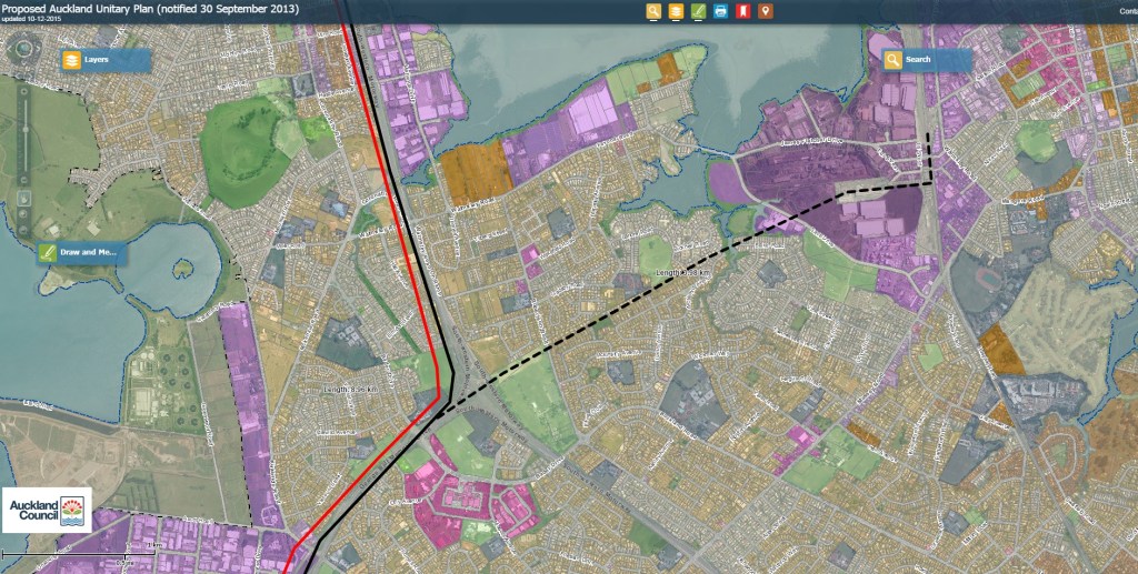 Close up of the LRT and heavy rail via Onehunga route vs the via Mangere to Otahuhu route