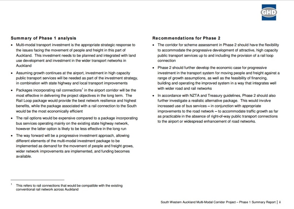 Key Findings of SWMMCP Report Summary Source: https://www.scribd.com/doc/297825474/Airport-Rail-Jan-16-OIA-Response-from-Auckland-Transport