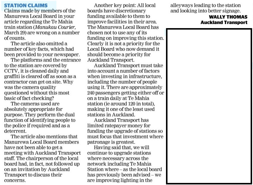 Auckland Transport responds to Manurewa Local Board Chair over Te mahia Station http://manukaucourier.realviewdigital.com/#folio=6