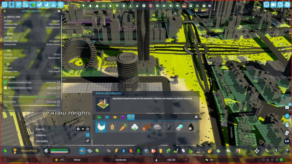 Specialised Industry in Cities Skylines 2 including farming, forestry and extractive